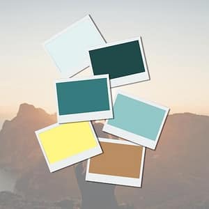 Geri Karabin color palette in shades of turquoise, yellow and camel brown