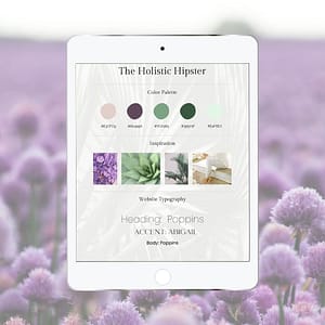 The Holistic Hipster brand board with photos and a color palette in shades of light green and purple