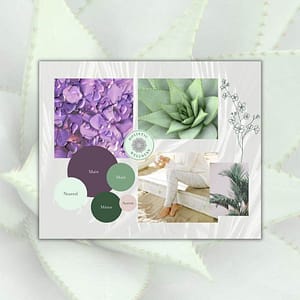 The Holistic Hipster mood board with photos and a color palette in shades of light green and purple