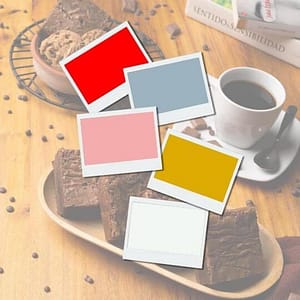 Space Cow Bakery color palette paint chips, colors include red, pink, gray-blue, hold and bright white