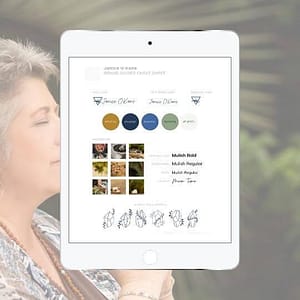 Janice O'Kane brand board mockup on a tablet